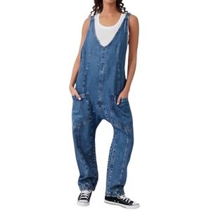 Free People High Roller Jumpsuit Denim Overalls Sz Medium Slouchy Relaxed Baggy
